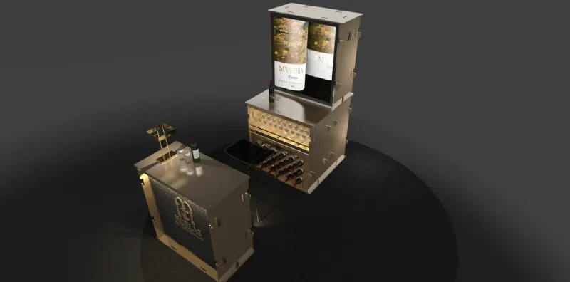 Mobiliario a medida para una bodega: barra y expositor desmontables por encaje, con botellero, copero y caja de luz