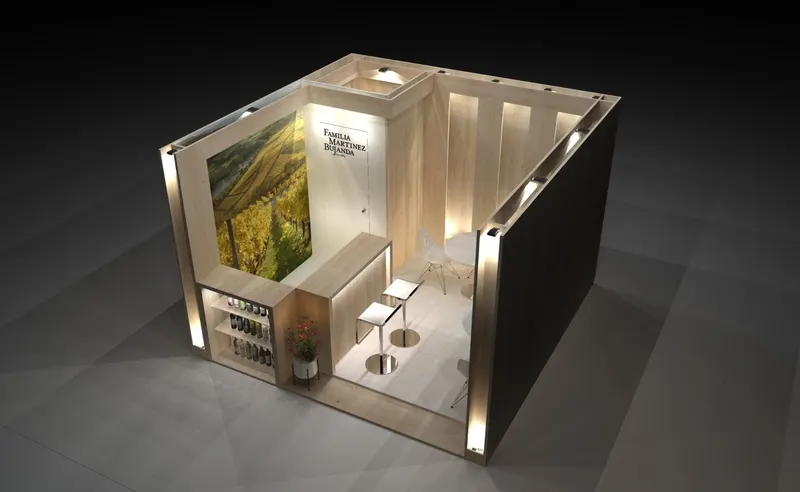 Stand de bodega: gráfica de viñedo a gran formato, botellero retroiluminado y barra con taburetes