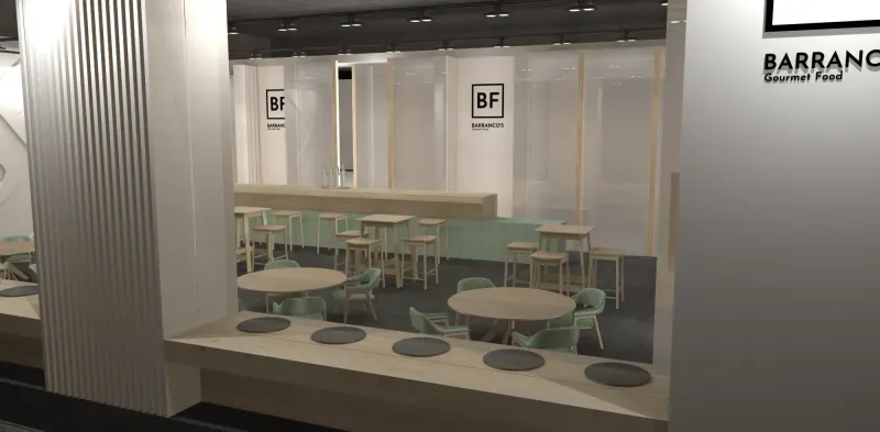 El mismo stand gourmet visto desde el pasillo: banco corrido, lamas y cerramientos traslúcidos
