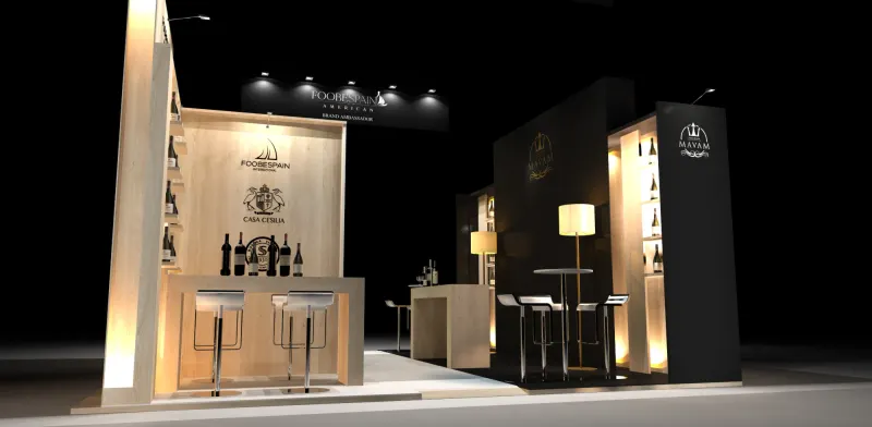 Stand compartido de vinos para dos marcas: módulo en madera clara con barra y módulo negro con botelleros retroiluminados