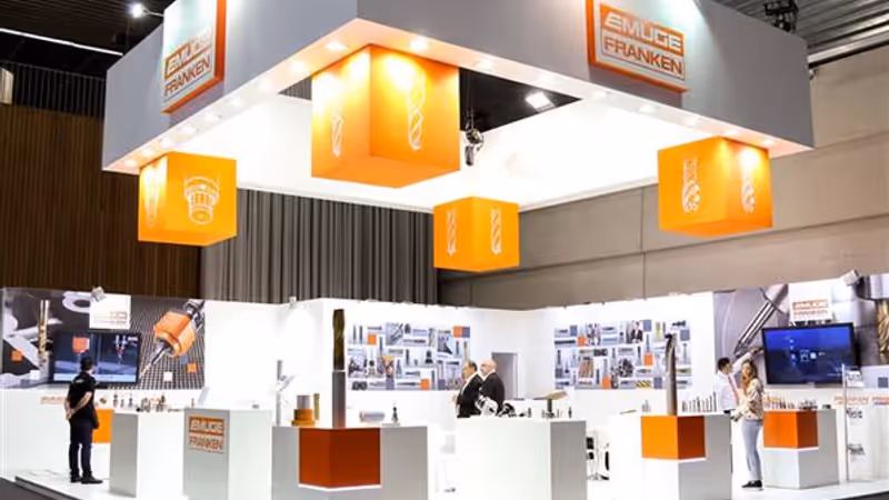Stand con estructura de aluminio y elementos corporativos para Emuge Franken en BIEMH 2016